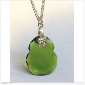 Vintage Silver Green Art Glass Pendant Necklace Simulated Emerald 18" Plated